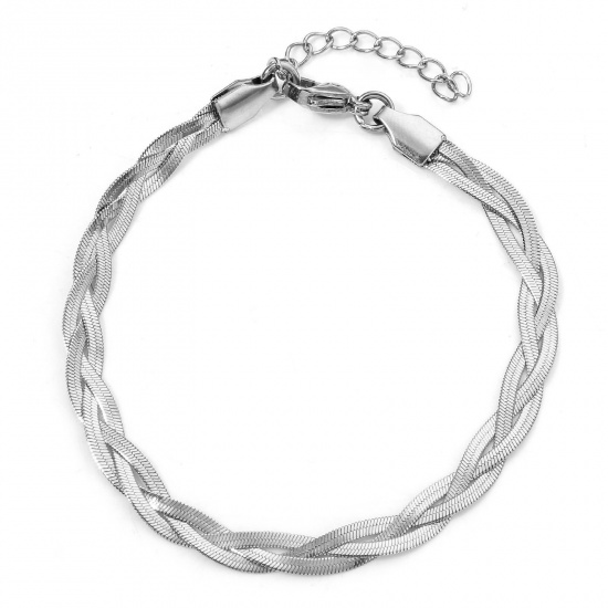 Picture of 1 Piece 304 Stainless Steel Handmade Link Chain Bracelets Silver Tone Woven 17.5cm(6 7/8") long