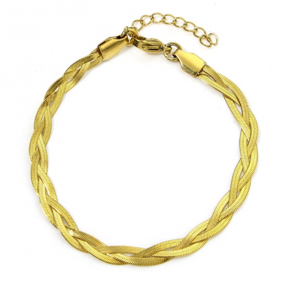 Picture of 1 Piece Vacuum Plating 304 Stainless Steel Handmade Link Chain Bracelets 18K Gold Color Woven 17.5cm(6 7/8") long
