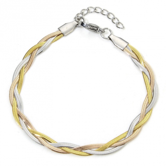 Picture of 1 Piece 304 Stainless Steel Handmade Link Chain Bracelets Silver Tone 18K Gold Color Woven 17.5cm(6 7/8") long