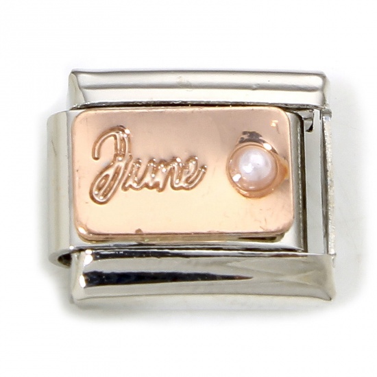 Immagine di 1 Piece 304 Stainless Steel Birthstone Italian Charm Links For DIY Bracelet Jewelry Making Silver Tone June White Rhinestone 10mm x 9mm
