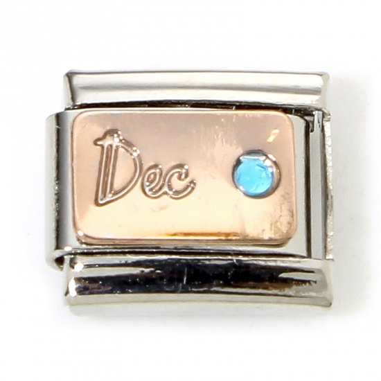 Immagine di 1 Piece 304 Stainless Steel Birthstone Italian Charm Links For DIY Bracelet Jewelry Making Silver Tone December Blue Rhinestone 10mm x 9mm