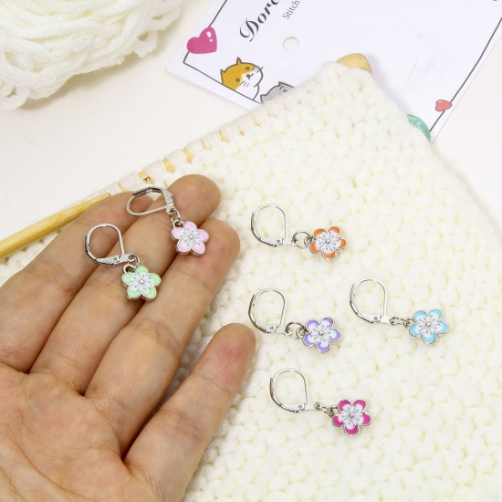 Immagine di 1 Set ( 6 PCs/Set) Zinc Based Alloy & Iron Based Alloy Knitting Stitch Markers Earring Bag Charm Pendant Sakura Flower Silver Tone Multicolor Enamel 3cm