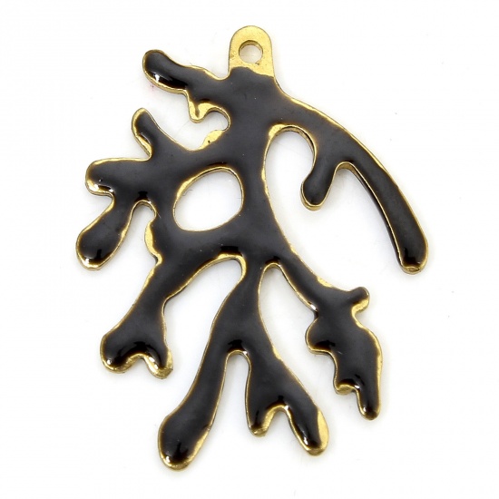 Picture of 5 PCs Brass Enamelled Sequins Charms Brass Color Black Coral Enamel 20mm x 15mm