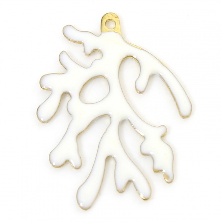 Picture of 5 PCs Brass Enamelled Sequins Charms Brass Color White Coral Enamel 20mm x 15mm