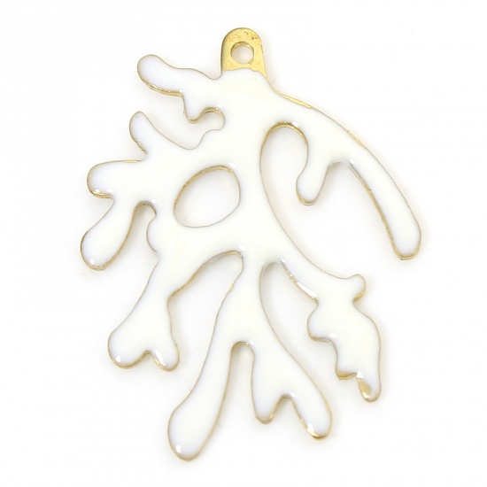 Immagine di 5 PCs Brass Enamelled Sequins Charms Brass Color White Coral Enamel 20mm x 15mm