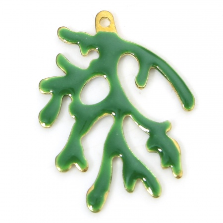 Picture of 5 PCs Brass Enamelled Sequins Charms Brass Color Green Coral Enamel 20mm x 15mm
