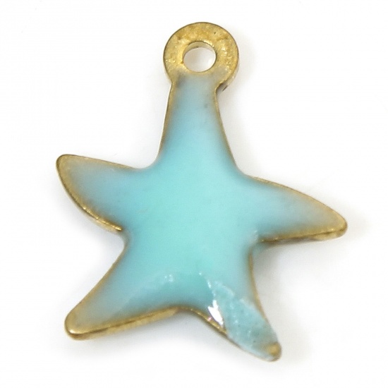 Picture of 10 PCs Brass Enamelled Sequins Charms Brass Color Lake Blue Star Fish Enamel 10.5mm x 9mm