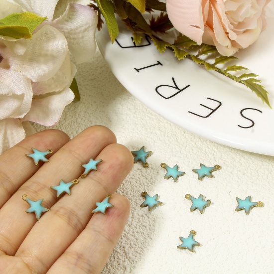 Picture of 10 PCs Brass Enamelled Sequins Charms Brass Color Lake Blue Star Fish Enamel 10.5mm x 9mm
