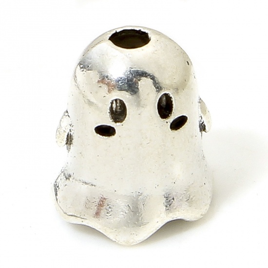 30 PCs Zinc Based Alloy Halloween Spacer Beads For DIY Charm Jewelry Making Antique Silver Color Halloween Ghost 3D About 8.5mm x 7.5mm, Hole: Approx 1.5mm の画像