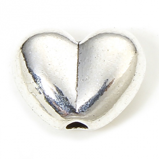 Picture of 30 PCs Zinc Based Alloy Valentine's Day Spacer Beads For DIY Charm Jewelry Making Antique Silver Color Heart About 10mm x 8mm, Hole: Approx 1.4mm