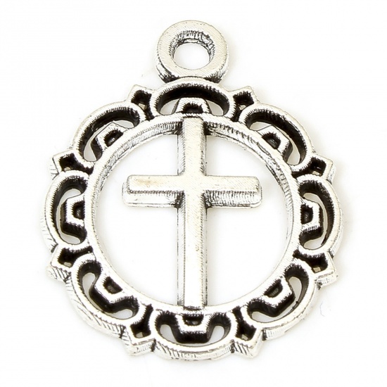 Immagine di 30 PCs Zinc Based Alloy Religious Charms Antique Silver Color Cross Filigree Hollow 19.5mm x 16mm