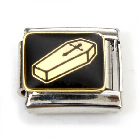 Picture of 1 Piece 304 Stainless Steel Halloween Italian Charm Links For DIY Bracelet Jewelry Making Silver Tone Black Coffin Enamel 10mm x 9mm