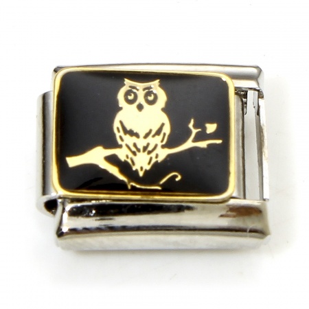 Picture of 1 Piece 304 Stainless Steel Halloween Italian Charm Links For DIY Bracelet Jewelry Making Silver Tone Black Owl Enamel 10mm x 9mm