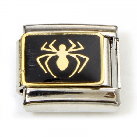 Picture of 1 Piece 304 Stainless Steel Halloween Italian Charm Links For DIY Bracelet Jewelry Making Silver Tone Black Halloween Spider Enamel 10mm x 9mm