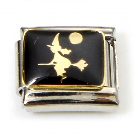 Picture of 1 Piece 304 Stainless Steel Halloween Italian Charm Links For DIY Bracelet Jewelry Making Silver Tone Black Halloween Witch Enamel 10mm x 9mm