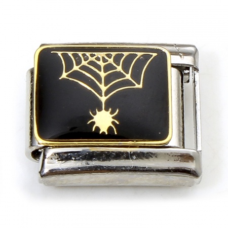 Picture of 1 Piece 304 Stainless Steel Halloween Italian Charm Links For DIY Bracelet Jewelry Making Silver Tone Black Halloween Cobweb Enamel 10mm x 9mm