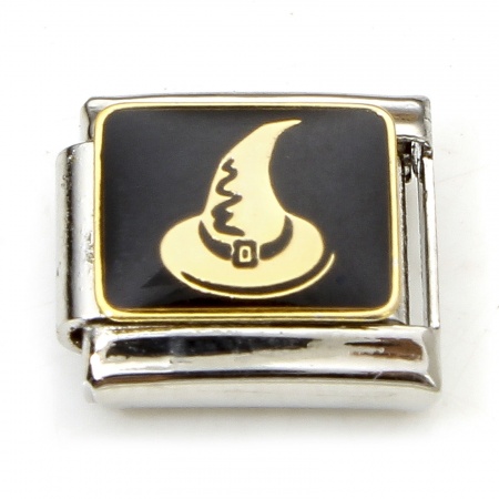 Picture of 1 Piece 304 Stainless Steel Halloween Italian Charm Links For DIY Bracelet Jewelry Making Silver Tone Black Halloween Witch Hat Enamel 10mm x 9mm