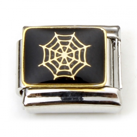 Picture of 1 Piece 304 Stainless Steel Halloween Italian Charm Links For DIY Bracelet Jewelry Making Silver Tone Black Halloween Cobweb Enamel 10mm x 9mm