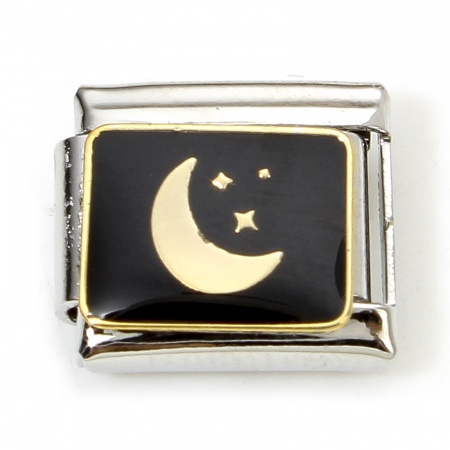 Picture of 1 Piece 304 Stainless Steel Halloween Italian Charm Links For DIY Bracelet Jewelry Making Silver Tone Black Moon Enamel 10mm x 9mm