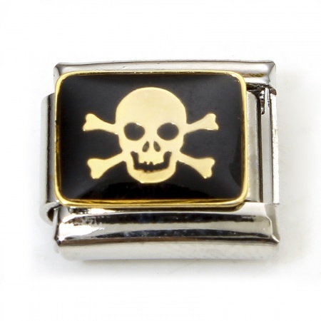 Picture of 1 Piece 304 Stainless Steel Halloween Italian Charm Links For DIY Bracelet Jewelry Making Silver Tone Black Halloween Skeleton Skull Enamel 10mm x 9mm