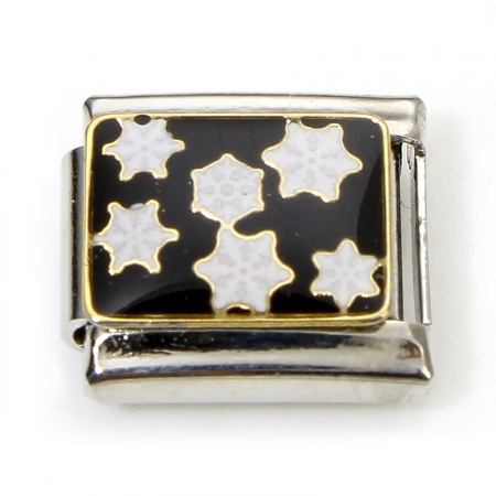 Picture of 1 Piece 304 Stainless Steel Halloween Italian Charm Links For DIY Bracelet Jewelry Making Silver Tone Black Snowflake Enamel 10mm x 9mm
