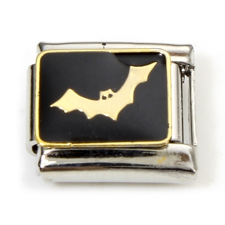 Picture of 1 Piece 304 Stainless Steel Halloween Italian Charm Links For DIY Bracelet Jewelry Making Silver Tone Black Halloween Bat Enamel 10mm x 9mm