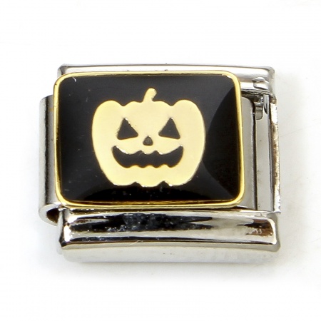 Picture of 1 Piece 304 Stainless Steel Halloween Italian Charm Links For DIY Bracelet Jewelry Making Silver Tone Black Halloween Pumpkin Enamel 10mm x 9mm