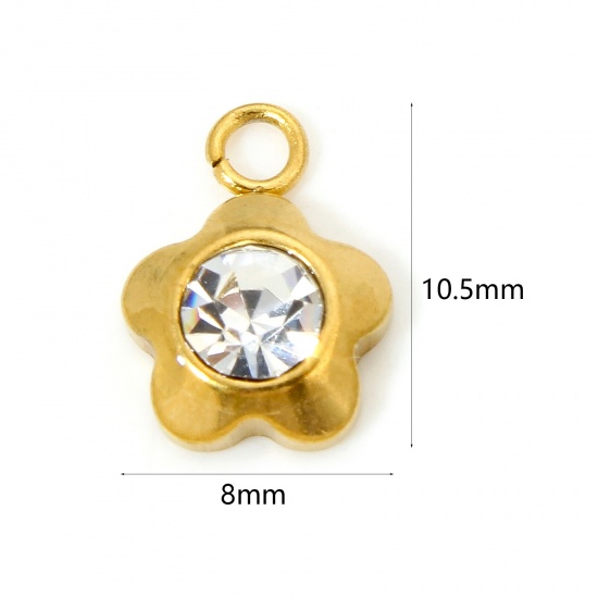 Image de 2 Pcs Breloques en 304 Acier Inoxydable Placage sous Vide Géométrique Fleur Doré à Strass Transparent 10.5mm x 8mm