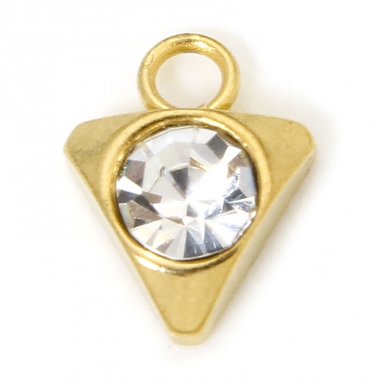 Bild von 2 PCs Vacuum Plating 304 Stainless Steel Geometric Charms Gold Plated Triangle Clear Rhinestone 9mm x 7mm