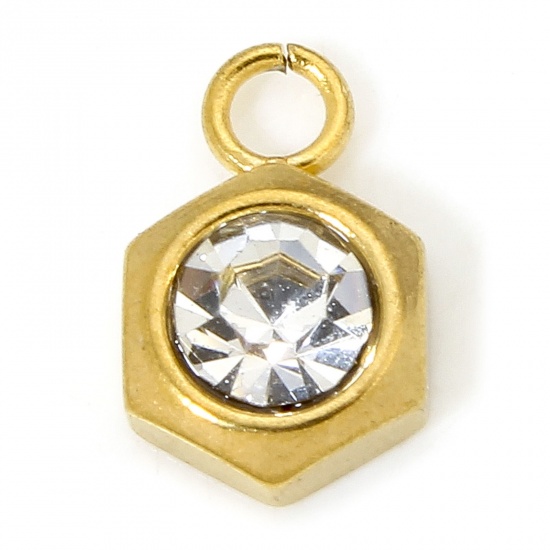Immagine di 2 PCs Vacuum Plating 304 Stainless Steel Geometric Charms Gold Plated Hexagon Clear Rhinestone 9.5mm x 6mm