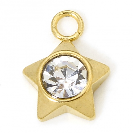 Bild von 2 PCs Vacuum Plating 304 Stainless Steel Geometric Charms Gold Plated Pentagram Star Clear Rhinestone 10mm x 7.5mm