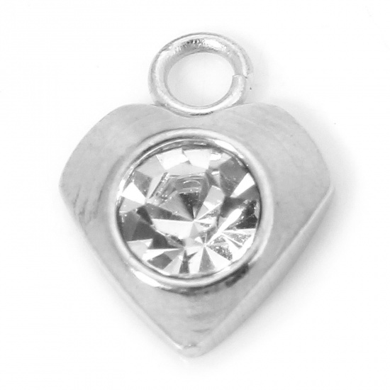 Bild von 2 PCs Eco-friendly 304 Stainless Steel Geometric Charms Silver Tone Heart Clear Rhinestone 9.5mm x 8mm