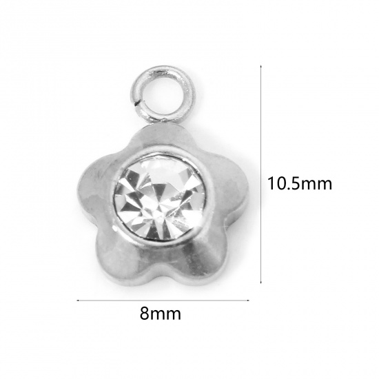 Image de 2 Pcs Breloques en 304 Acier Inoxydable Respectueux de la Nature Géométrique Fleur Argent Mat à Strass Transparent 10.5mm x 8mm