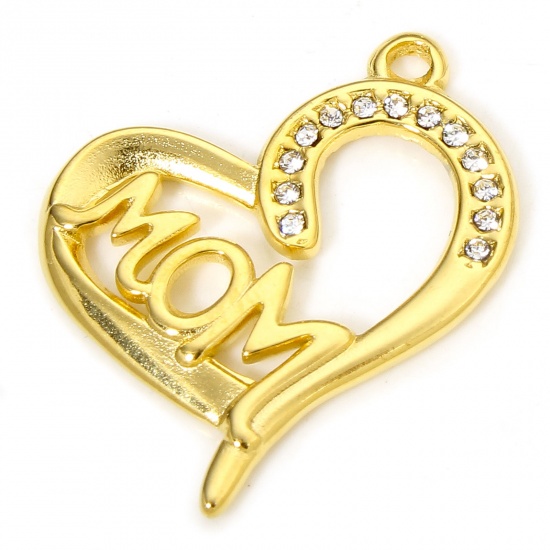 Immagine di 1 Piece Vacuum Plating 304 Stainless Steel Mother's Day Charms Gold Plated Heart Message " Mom " Clear Rhinestone 26mm x 21mm