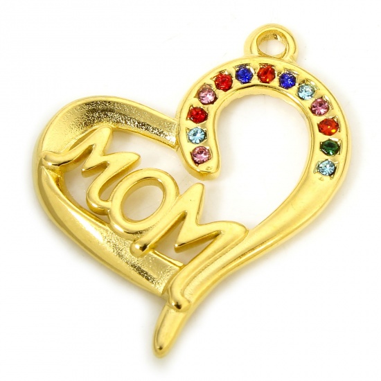 Immagine di 1 Piece Vacuum Plating 304 Stainless Steel Mother's Day Charms Gold Plated Heart Message " Mom " Multicolor Rhinestone 26mm x 21mm