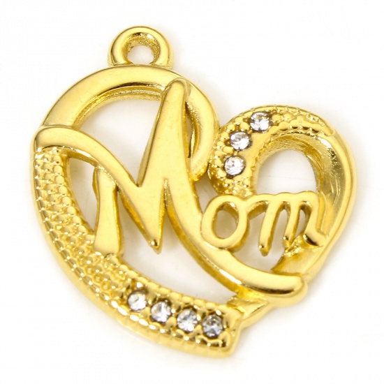 Image de 1 Piece Vacuum Plating 304 Stainless Steel Mother's Day Charms Gold Plated Heart Message " Mom " Clear Rhinestone 20.5mm x 18.5mm