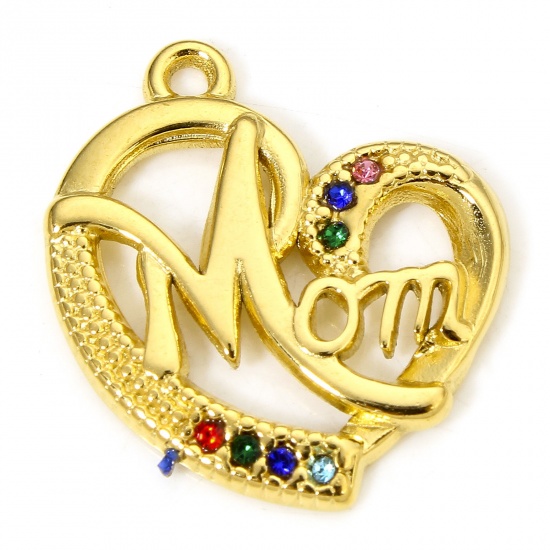 Image de 1 Piece Vacuum Plating 304 Stainless Steel Mother's Day Charms Gold Plated Heart Message " Mom " Multicolor Rhinestone 20.5mm x 18.5mm