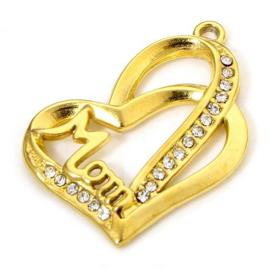 Immagine di 1 Piece Vacuum Plating 304 Stainless Steel Mother's Day Charms Gold Plated Heart Message " Mom " Clear Rhinestone 28.5mm x 22mm
