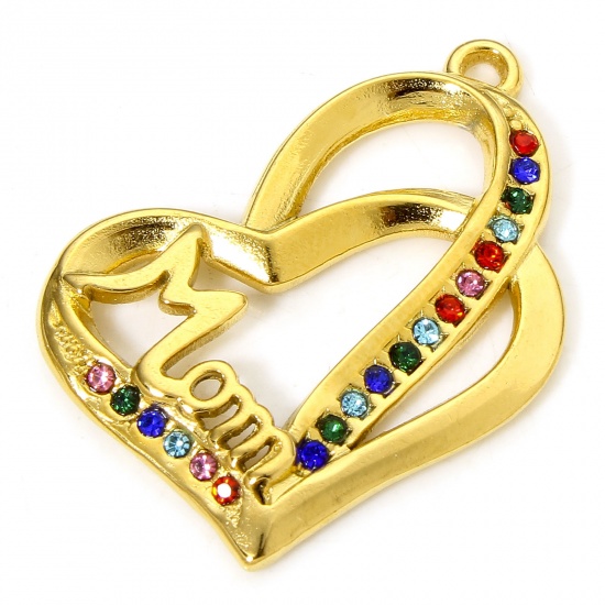 Image de 1 Piece Vacuum Plating 304 Stainless Steel Mother's Day Charms Gold Plated Heart Message " Mom " Multicolor Rhinestone 28mm x 22mm