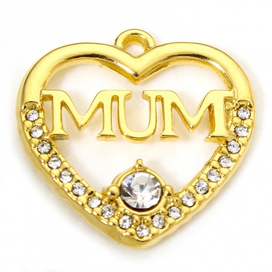 Immagine di 1 Piece Vacuum Plating 304 Stainless Steel Mother's Day Charms Gold Plated Heart Message " MUM " Clear Rhinestone 19.5mm x 19mm