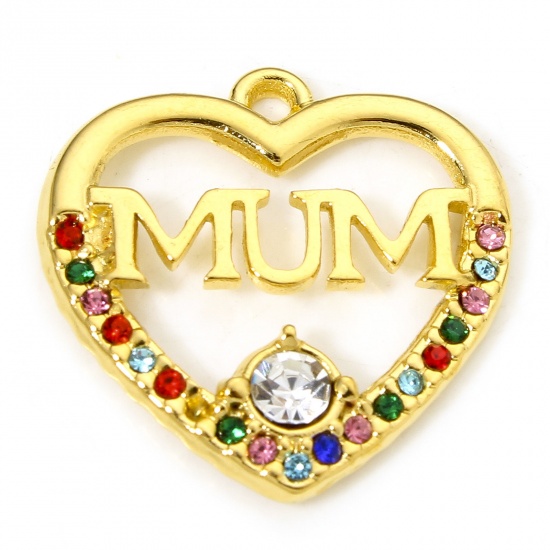 Immagine di 1 Piece Vacuum Plating 304 Stainless Steel Mother's Day Charms Gold Plated Heart Message " MUM " Multicolor Rhinestone 19.5mm x 19mm