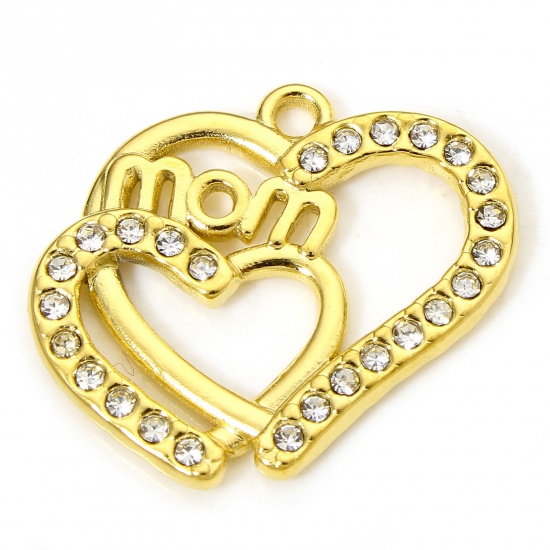 Immagine di 1 Piece Vacuum Plating 304 Stainless Steel Mother's Day Charms Gold Plated Heart Message " Mom " Clear Rhinestone 22mm x 19mm