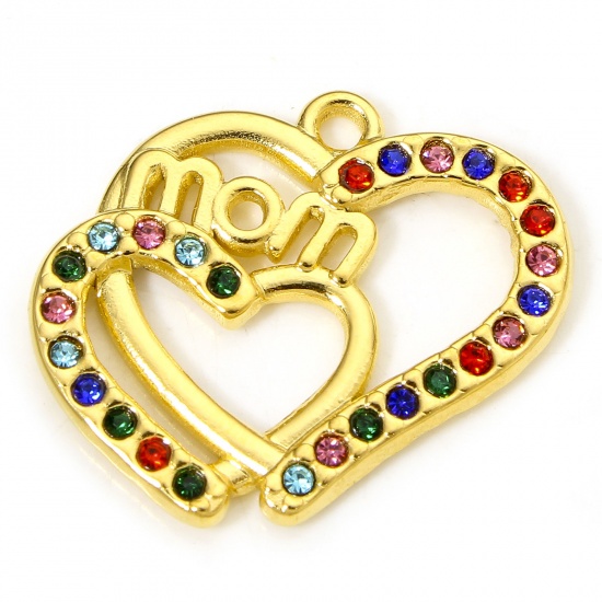 Immagine di 1 Piece Vacuum Plating 304 Stainless Steel Mother's Day Charms Gold Plated Heart Message " Mom " Multicolor Rhinestone 21.5mm x 19.5mm