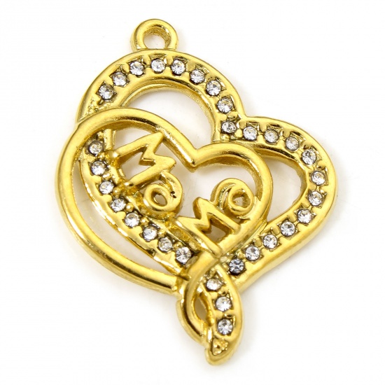 Image de 1 Piece Vacuum Plating 304 Stainless Steel Mother's Day Charms Gold Plated Heart Message " Mama " Clear Rhinestone 28mm x 22mm