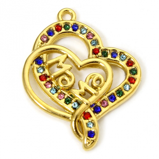 Image de 1 Piece Vacuum Plating 304 Stainless Steel Mother's Day Charms Gold Plated Heart Message " Mama " Multicolor Rhinestone 28mm x 22mm