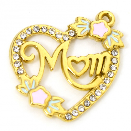 Immagine di 1 Piece Vacuum Plating 304 Stainless Steel Mother's Day Charms Gold Plated Heart Message " Mom " Enamel Clear Rhinestone 23mm x 19.5mm