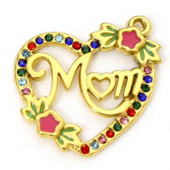 Image de 1 Piece Vacuum Plating 304 Stainless Steel Mother's Day Charms Gold Plated Heart Message " Mom " Enamel Multicolor Rhinestone 23mm x 19.5mm
