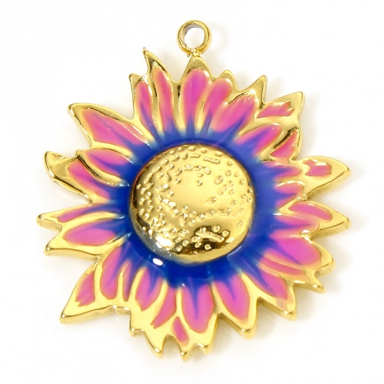 Picture of 1 Piece Vacuum Plating 304 Stainless Steel Pastoral Style Charms Gold Plated Blue & Pink Sunflower Enamel 23mm x 20.5mm