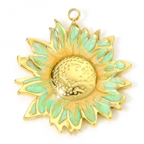 Picture of 1 Piece Vacuum Plating 304 Stainless Steel Pastoral Style Charms Gold Plated Green & Orange Sunflower Enamel 23mm x 20.5mm