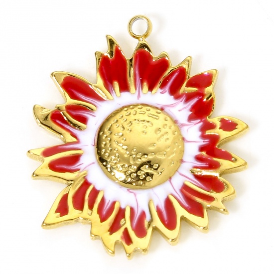 Picture of 1 Piece Vacuum Plating 304 Stainless Steel Pastoral Style Charms Gold Plated White & Red Sunflower Enamel 23mm x 20.5mm